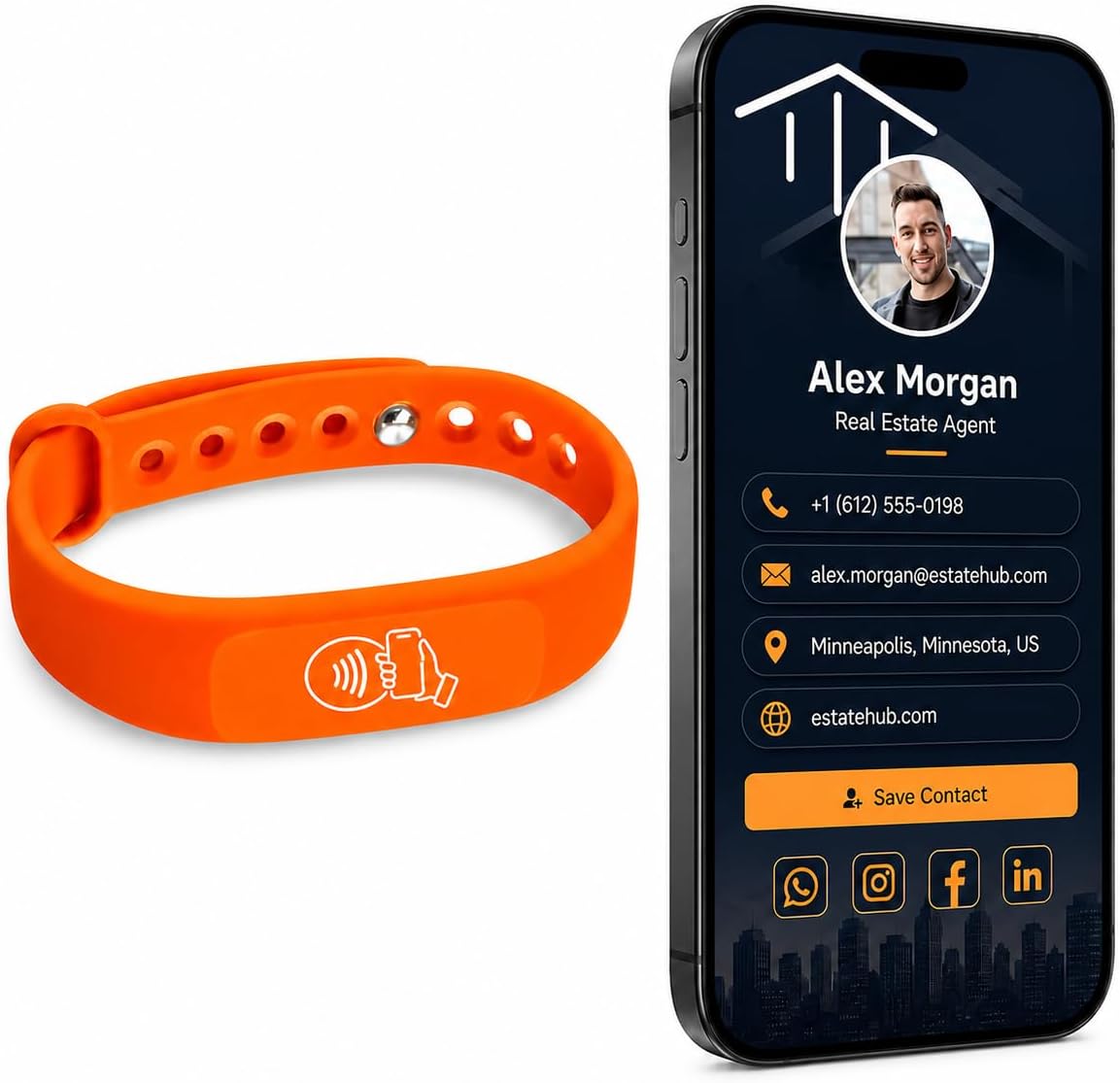 NFC + QR Digital Business Card Wristband - Orange