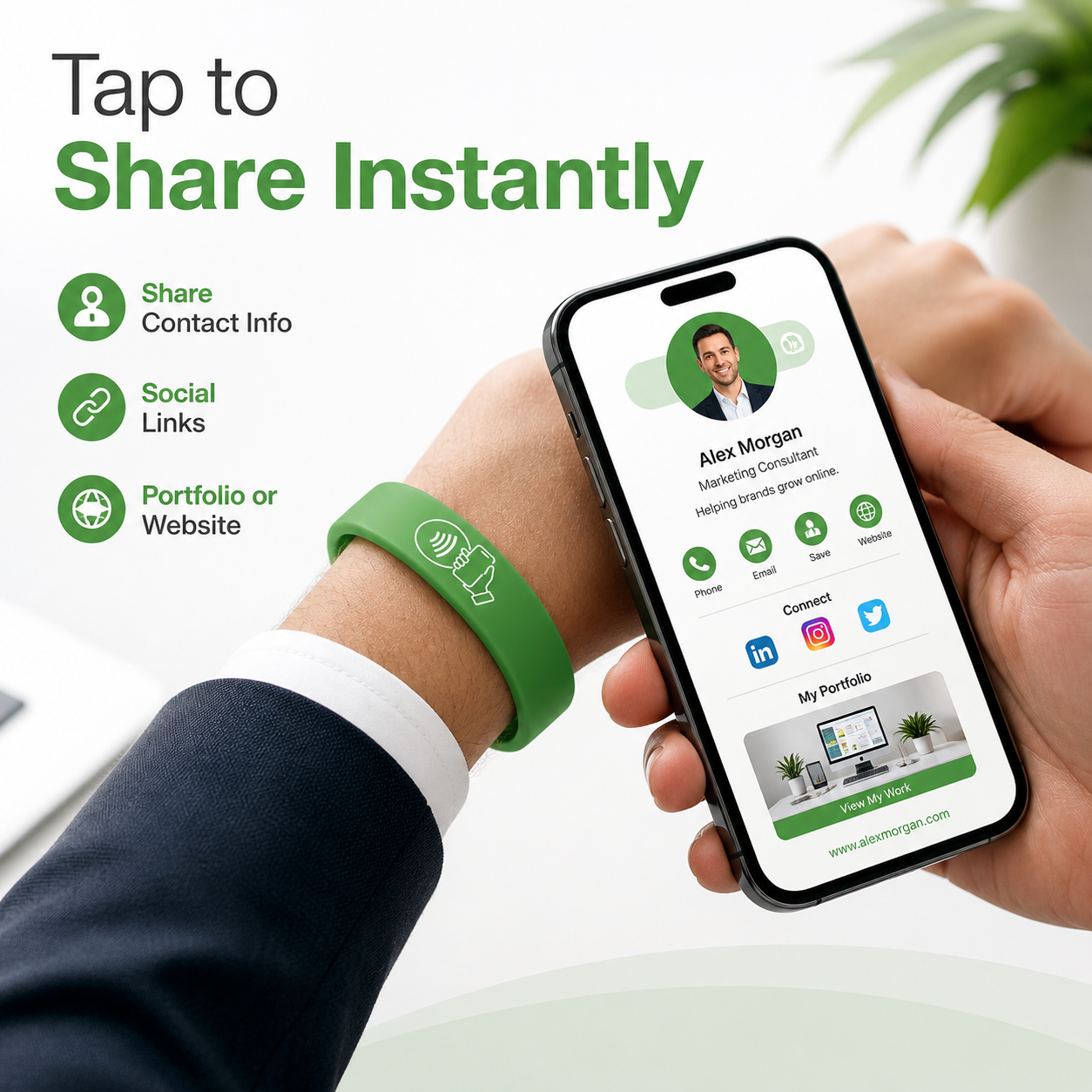 NFC + QR Digital Business Card Wristband - Green