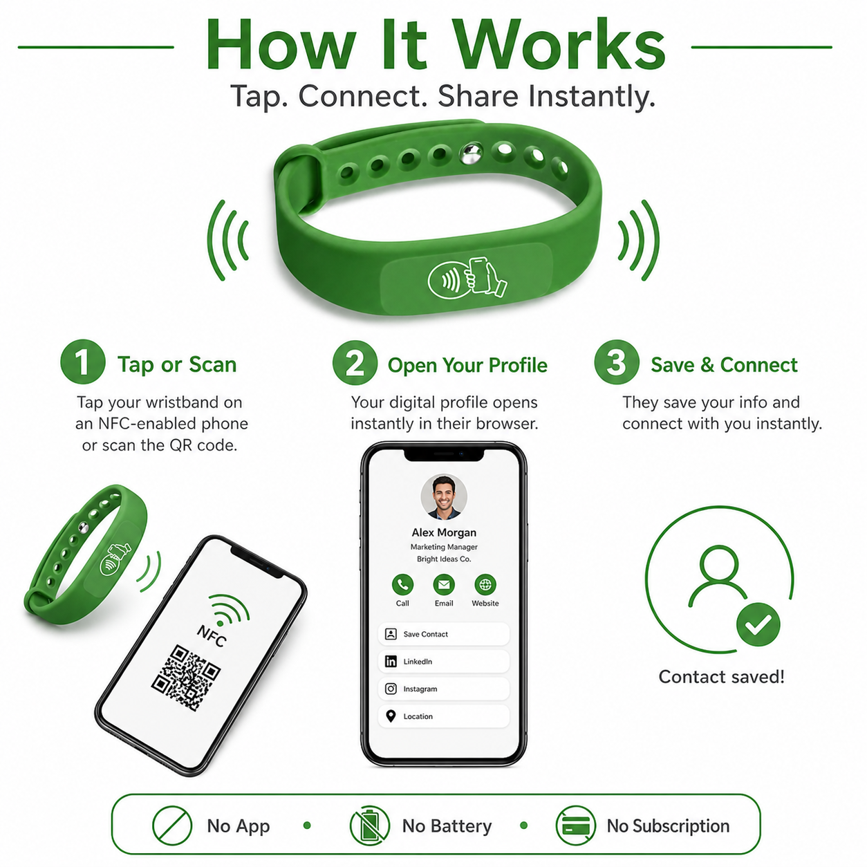 NFC + QR Digital Business Card Wristband - Green