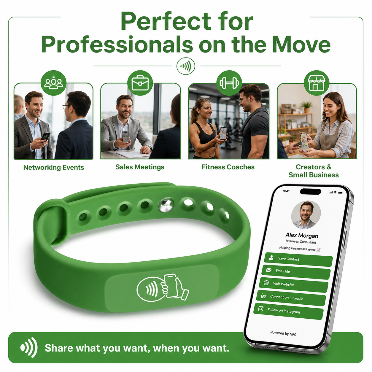 NFC + QR Digital Business Card Wristband - Green