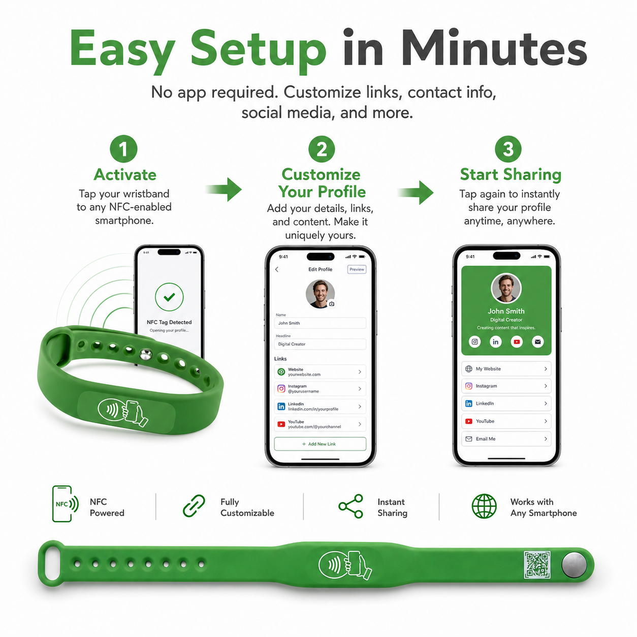 NFC + QR Digital Business Card Wristband - Green