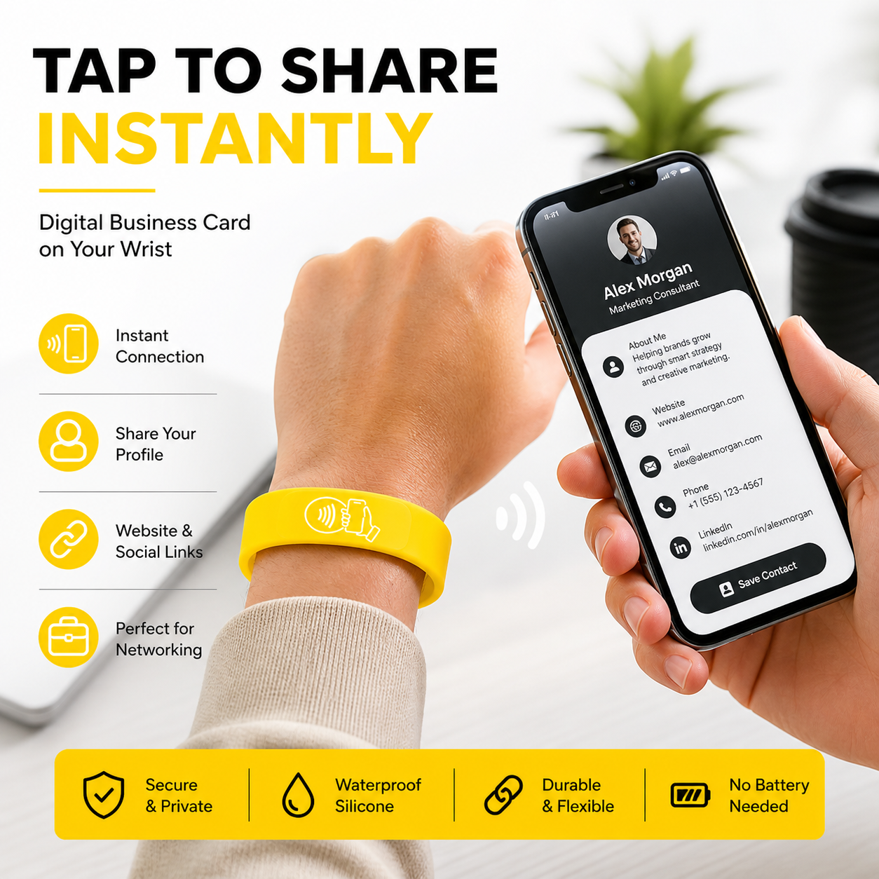 NFC + QR Digital Business Card Wristband - Yellow