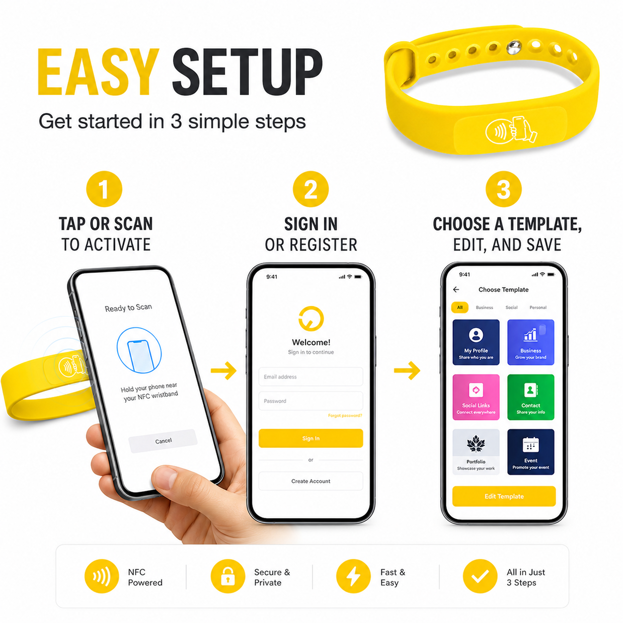 NFC + QR Digital Business Card Wristband - Yellow