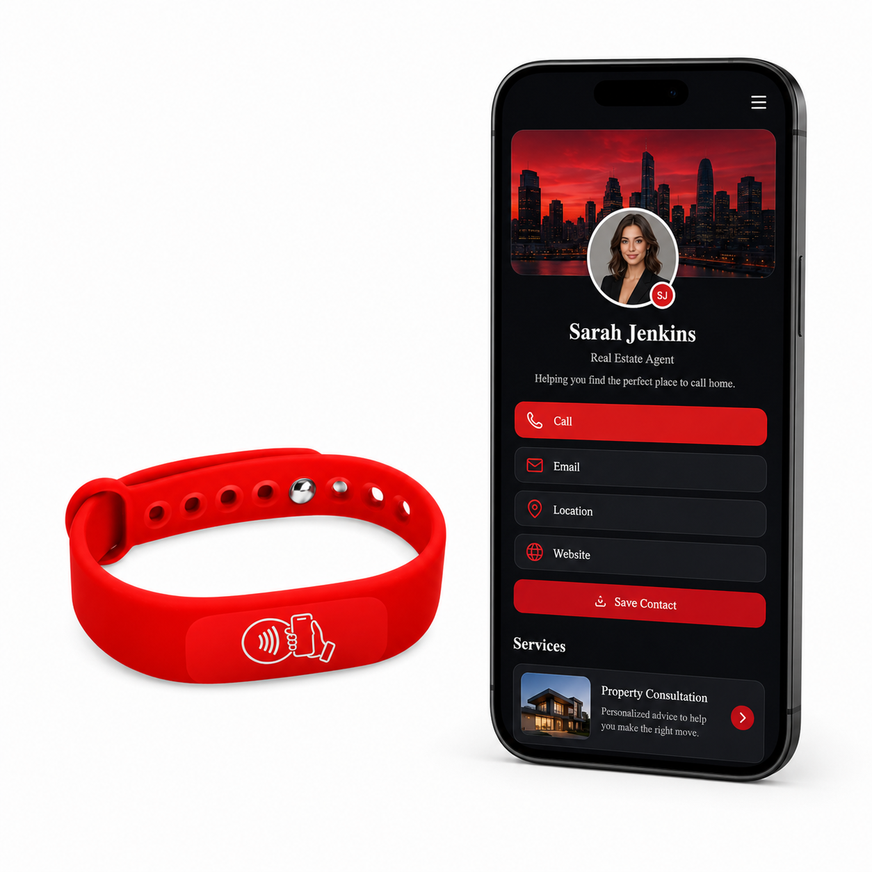 NFC + QR Digital Business Card Wristband - Red
