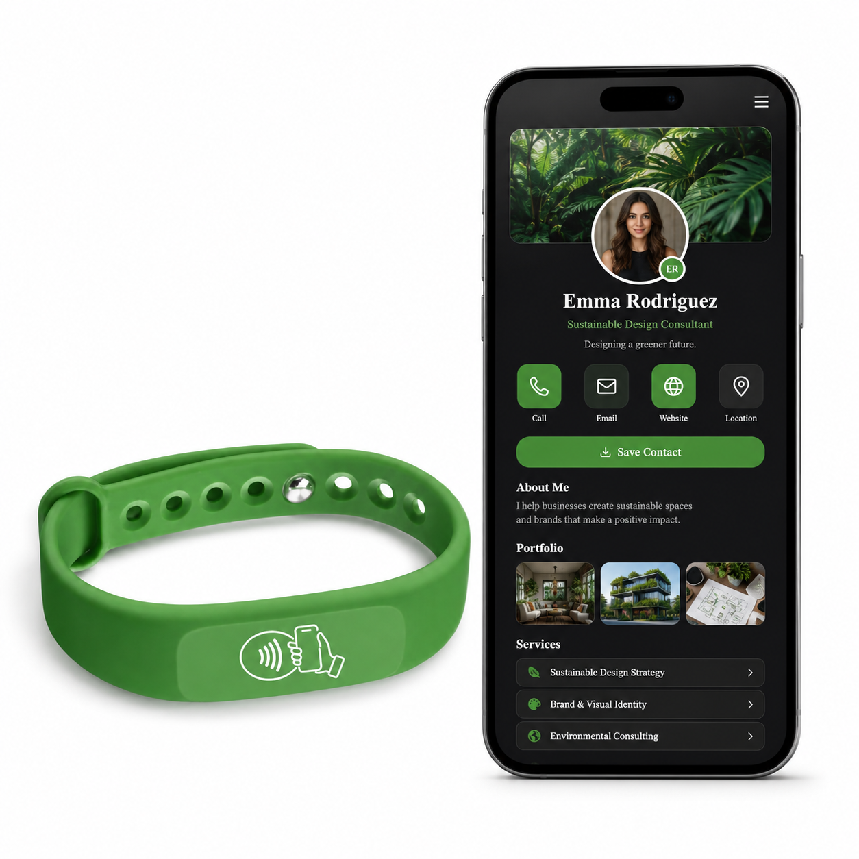 NFC + QR Digital Business Card Wristband - Green