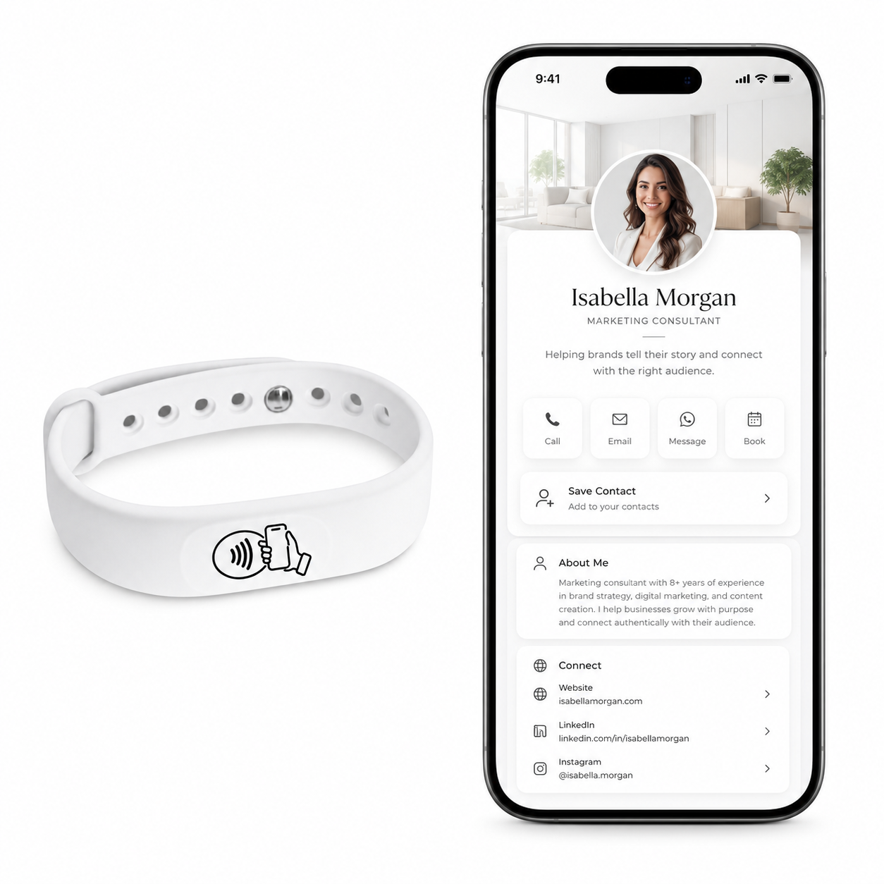 NFC + QR Digital Business Card Wristband - White