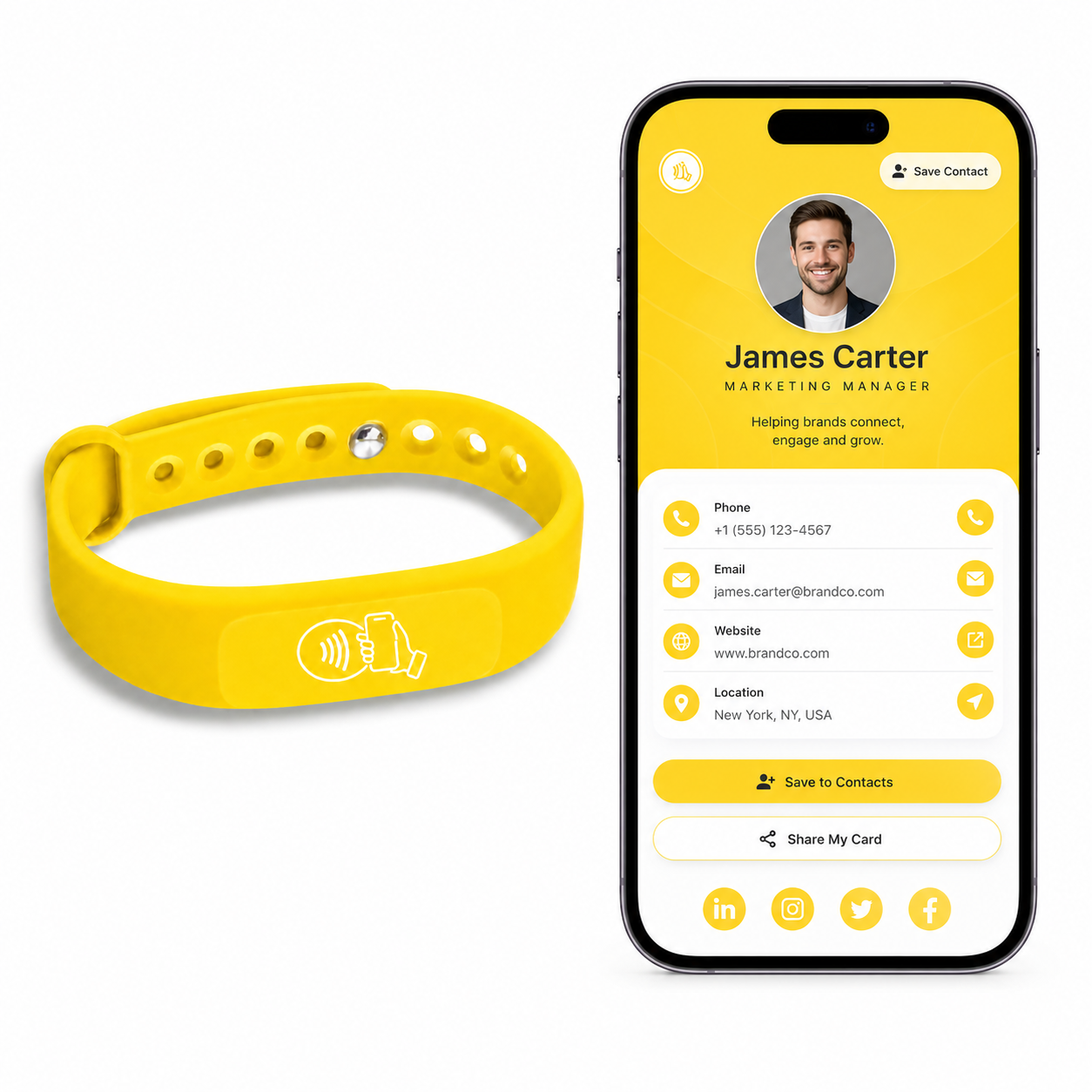 NFC + QR Digital Business Card Wristband - Yellow