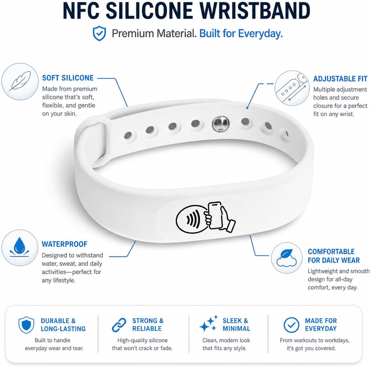 NFC + QR Digital Business Card Wristband - White