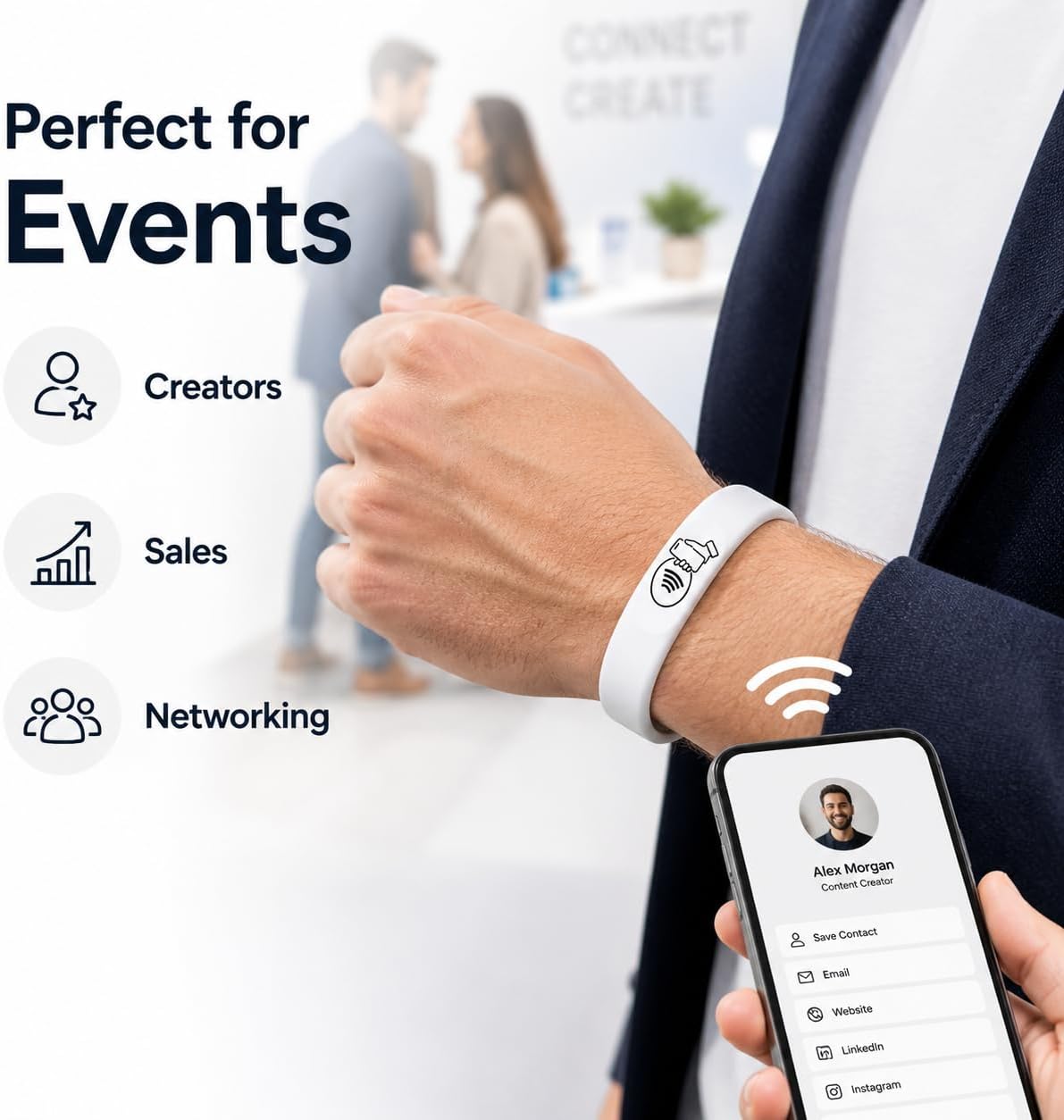 NFC + QR Digital Business Card Wristband - White