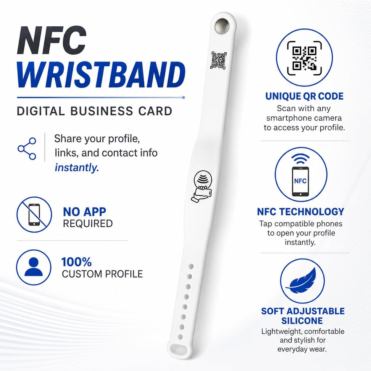 NFC + QR Digital Business Card Wristband - White