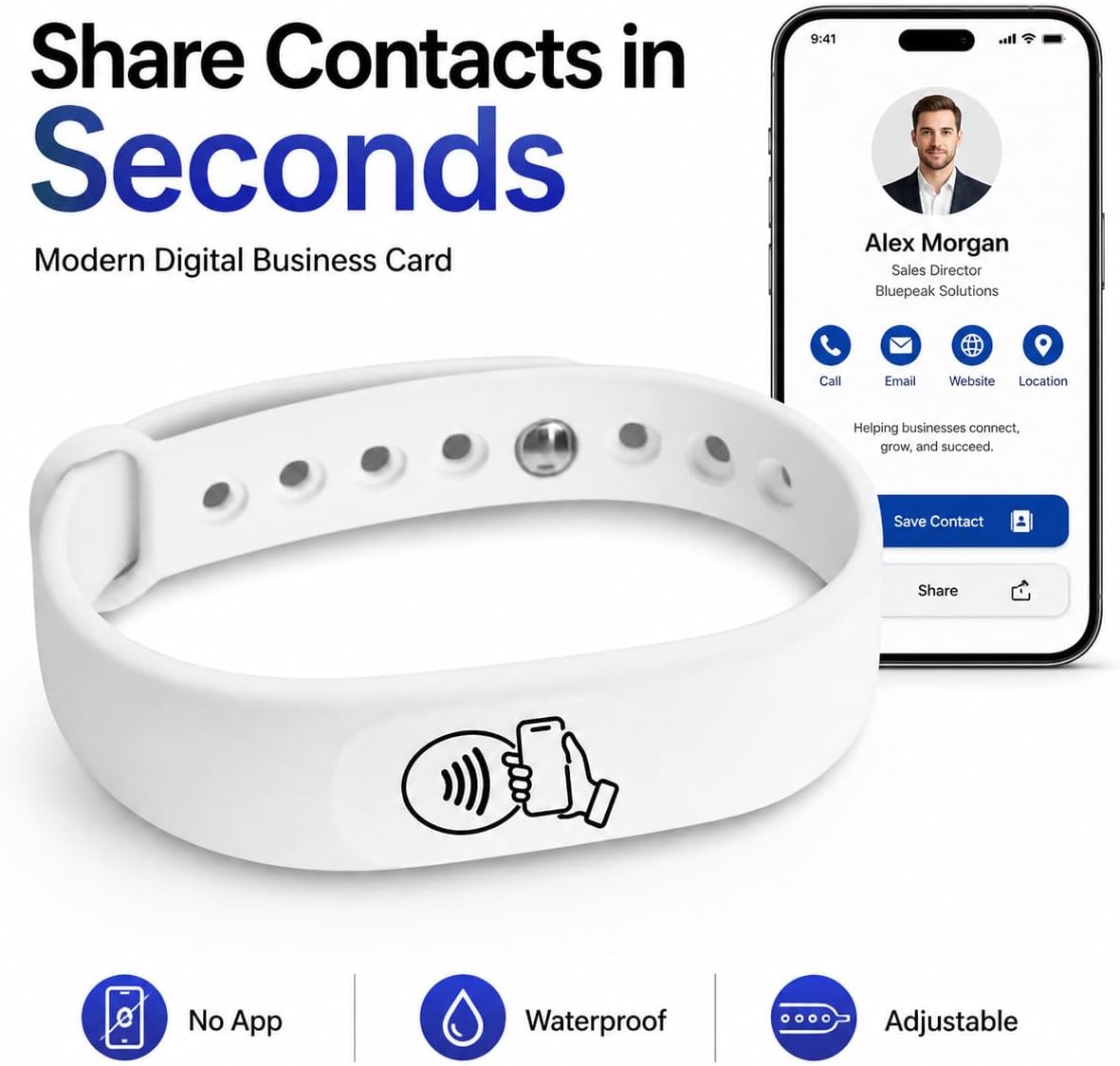 NFC + QR Digital Business Card Wristband - White