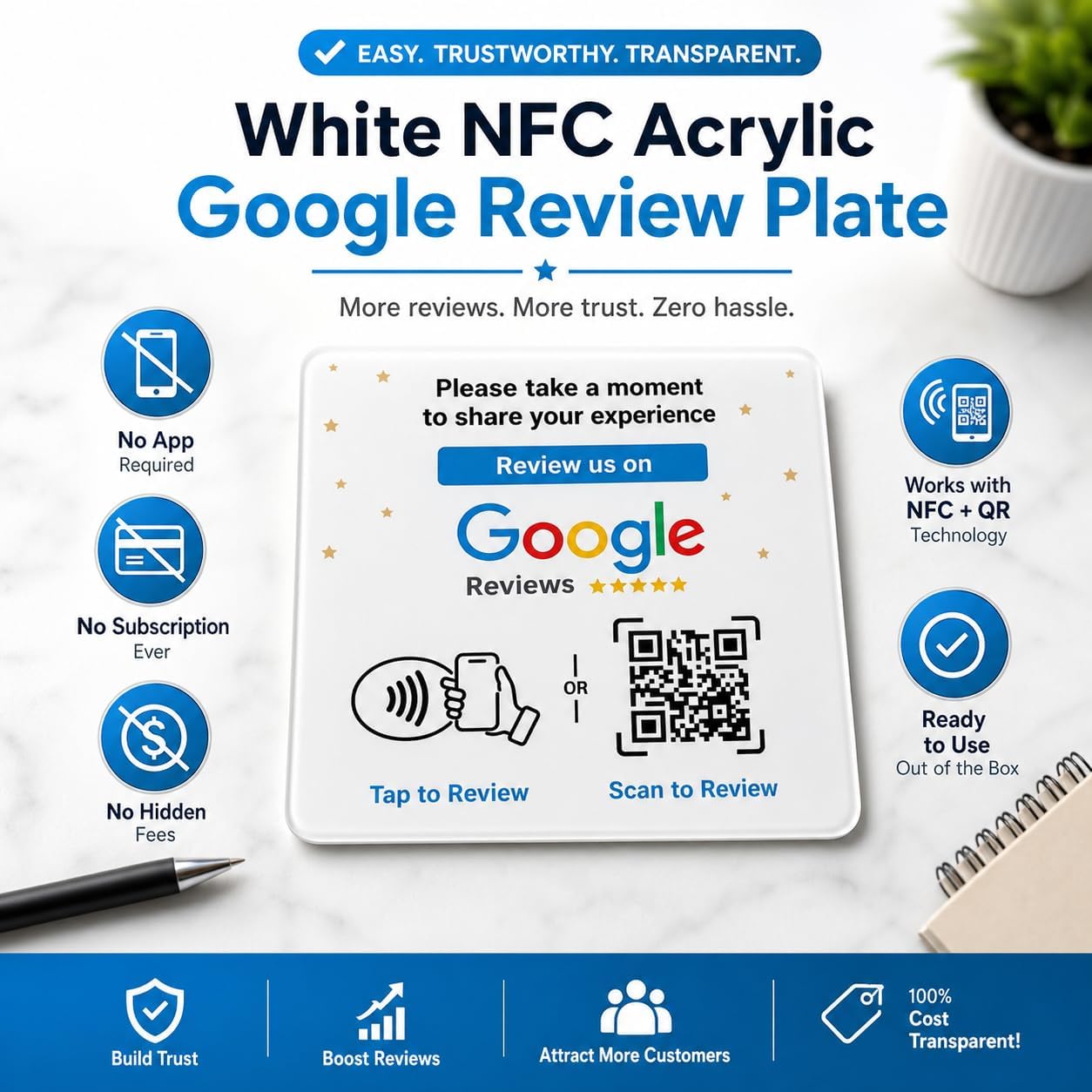 Google Review NFC + QR Display Plate - White
