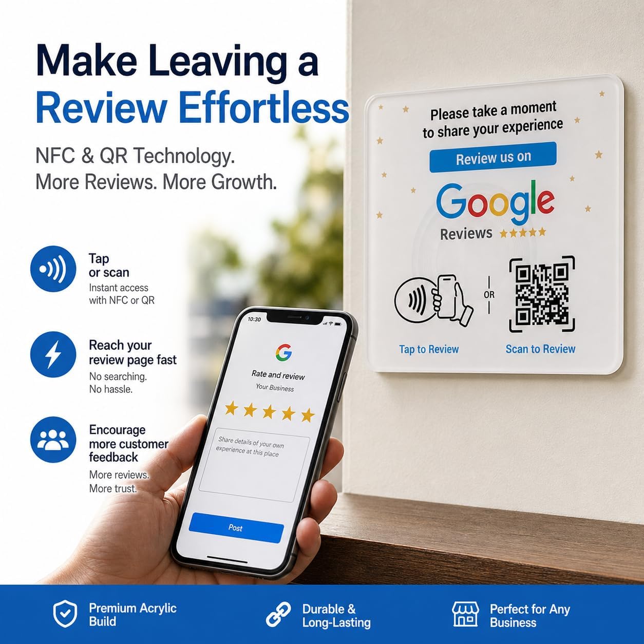 Google Review NFC + QR Display Plate - White