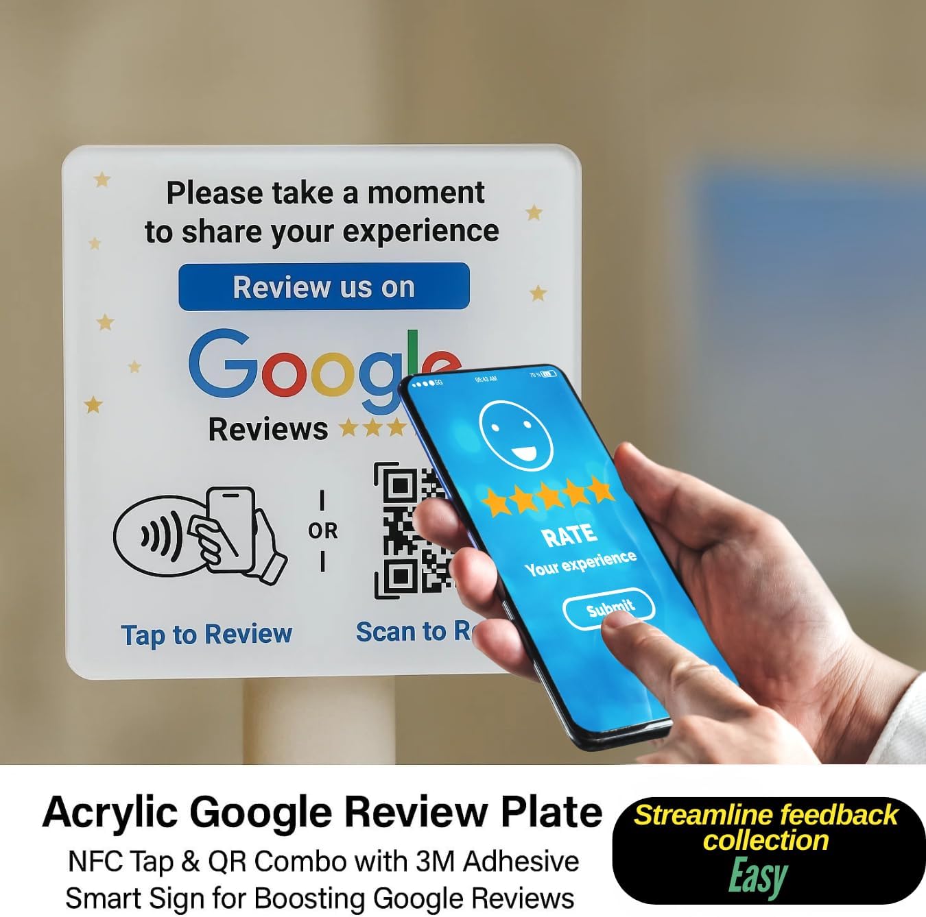 Google Review NFC + QR Display Plate - White