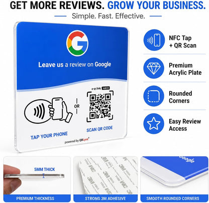Google Review NFC + QR Display Plate - Blue