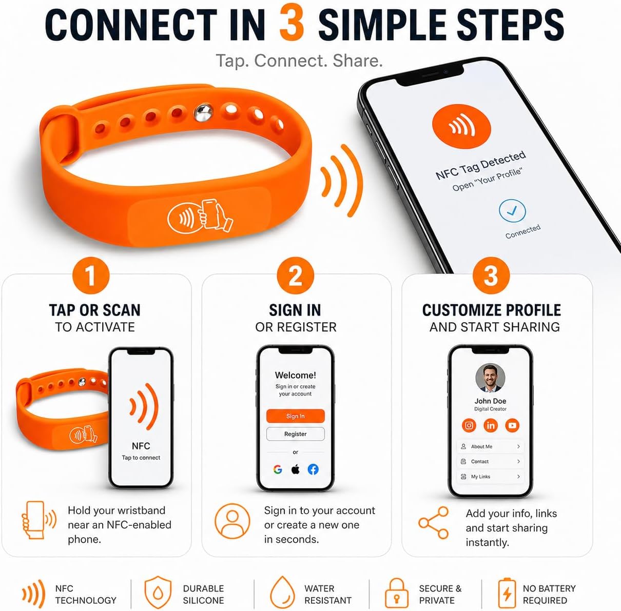 NFC + QR Digital Business Card Wristband - Orange