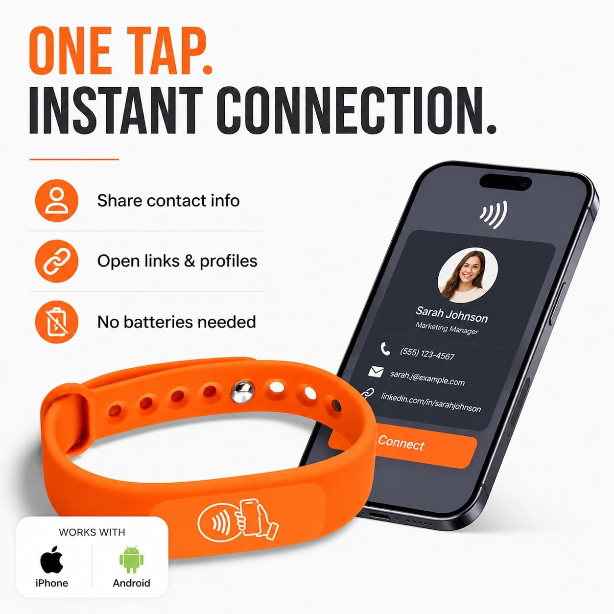 NFC + QR Digital Business Card Wristband - Orange