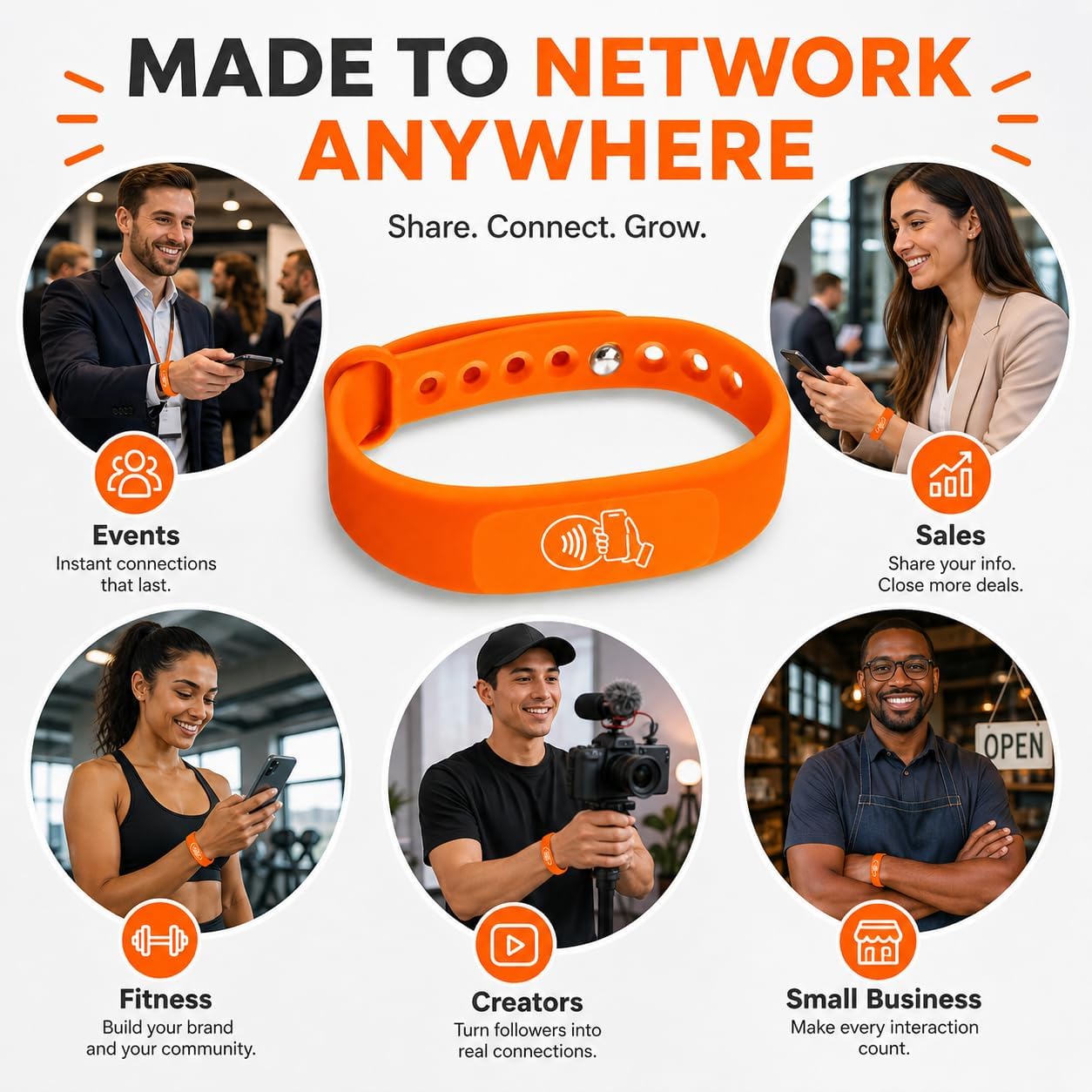 NFC + QR Digital Business Card Wristband - Orange