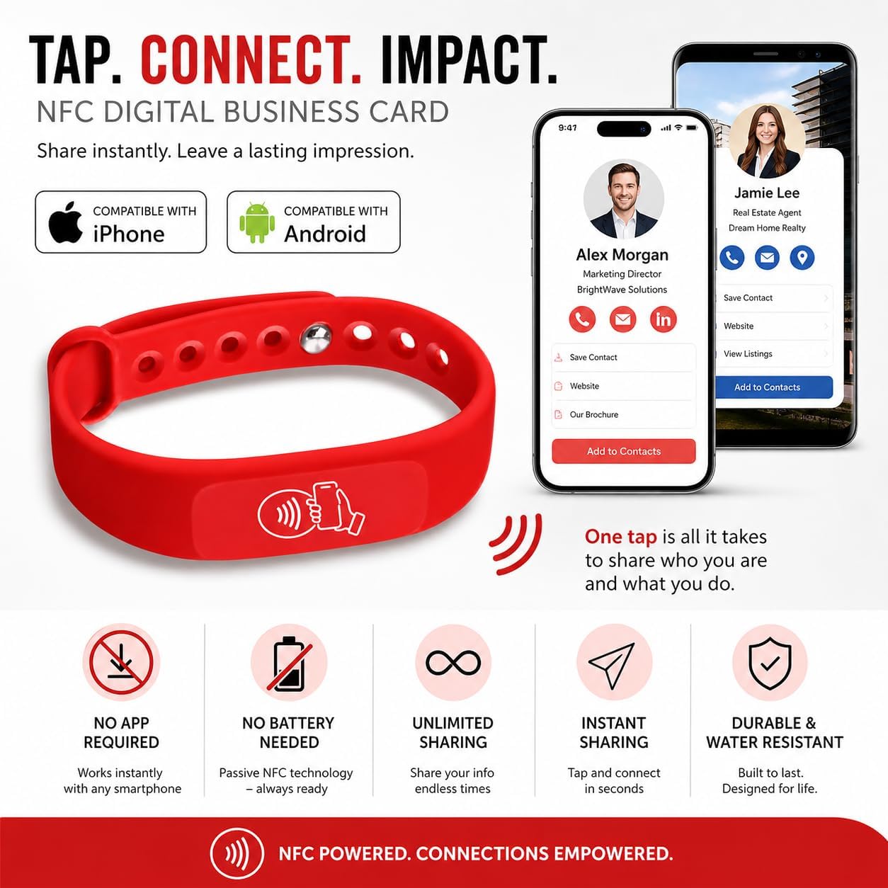 NFC + QR Digital Business Card Wristband - Red