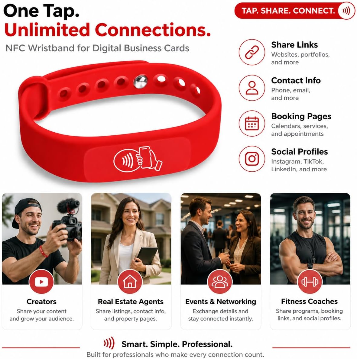 NFC + QR Digital Business Card Wristband - Red