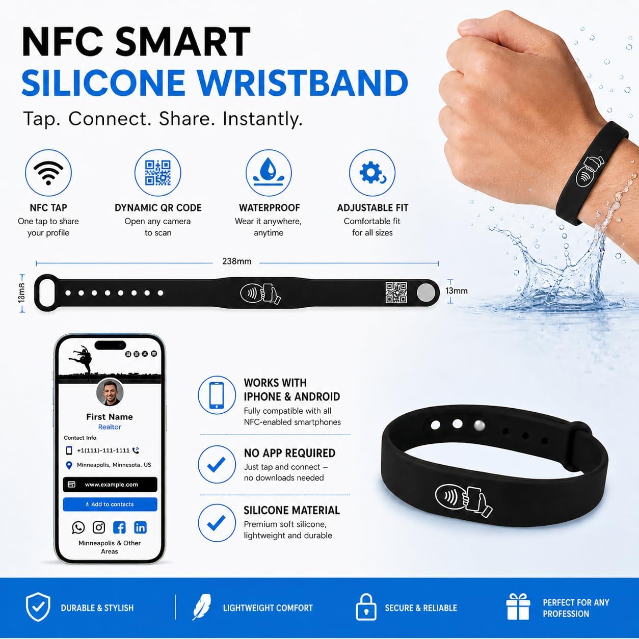 NFC + QR Digital Business Card Wristband - Black