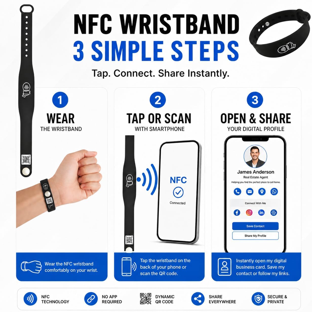NFC + QR Digital Business Card Wristband - Black