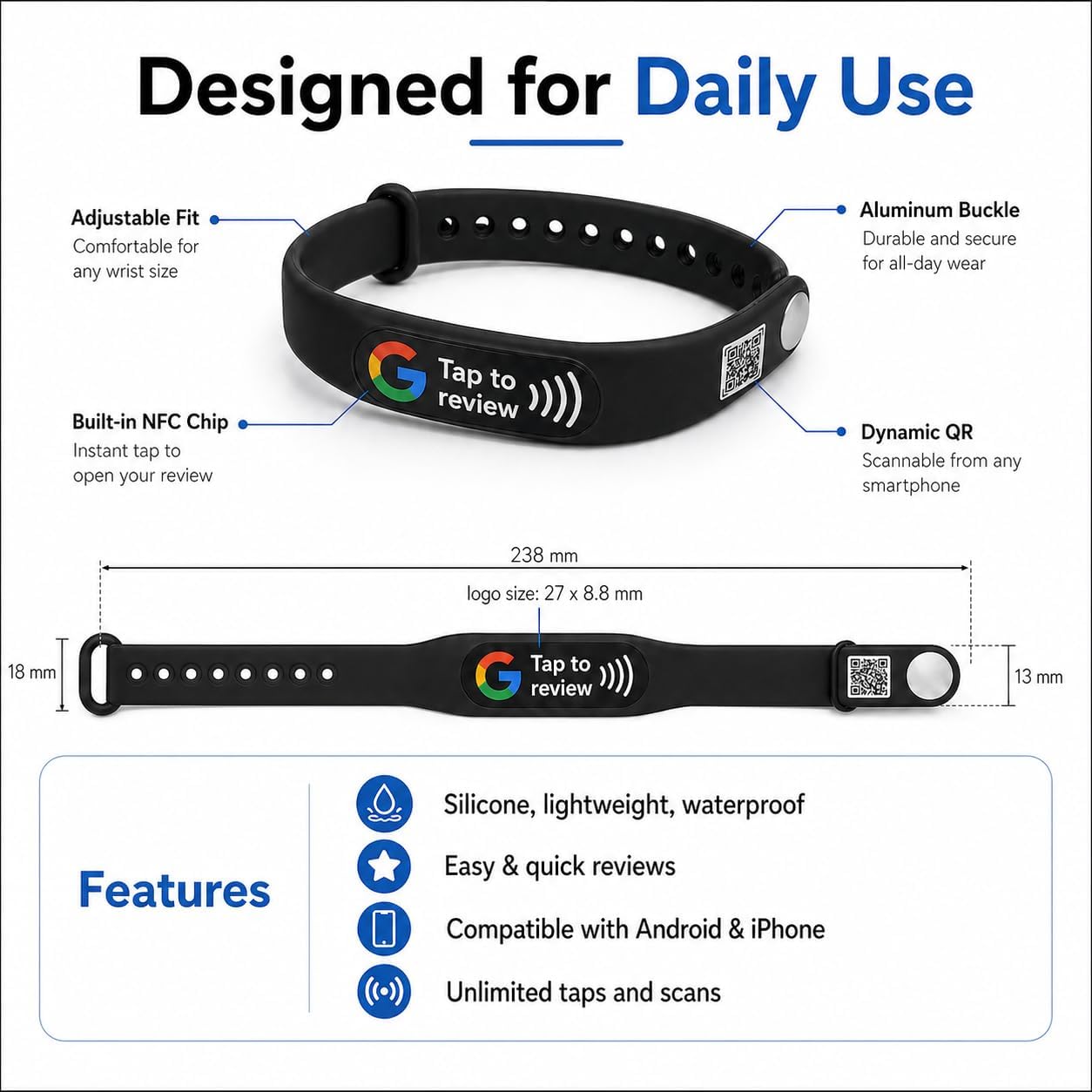 NFC + QR Google Review Wristband - Black
